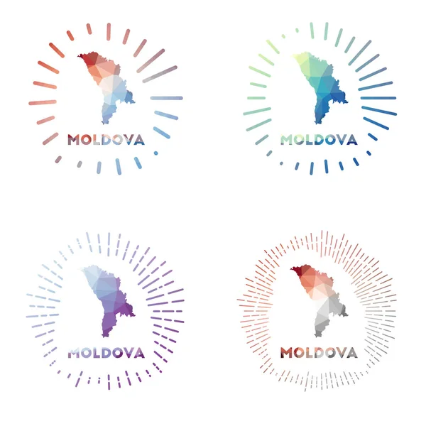 Mołdawia niski poli sunburst set Logo kraju w geometrycznym stylu wielokątnym Wektor ilustracji — Wektor stockowy
