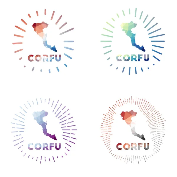 Corfu low poly sunburst set Logotipo de isla en estilo geométrico poligonal Ilustración vectorial — Vector de stock