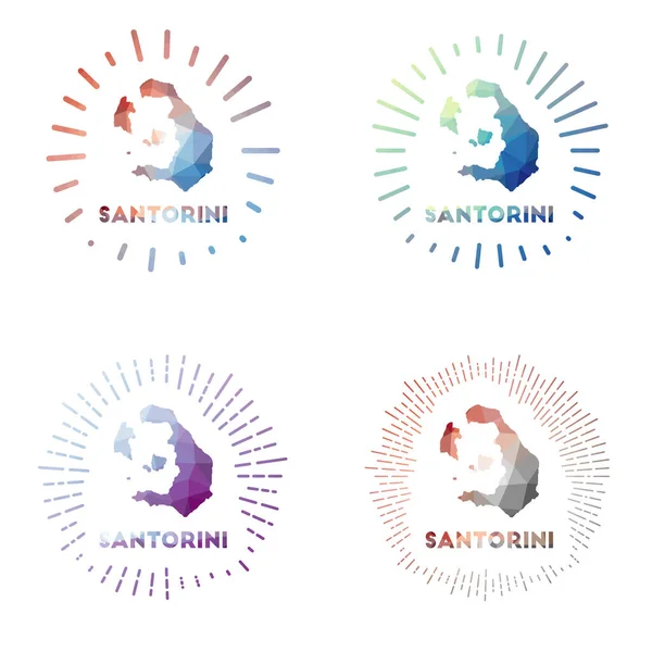 Santorini baixo poli sunburst set Logotipo da ilha em estilo poligonal geométrico Ilustração vetorial — Vetor de Stock