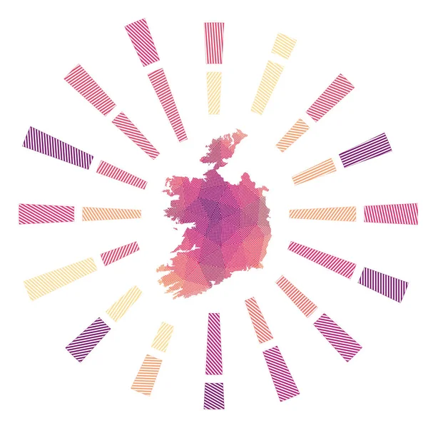 Irlanda sunburst Rayos de rayas polivinílicas bajas y mapa del país Ilustración vectorial creativa — Vector de stock