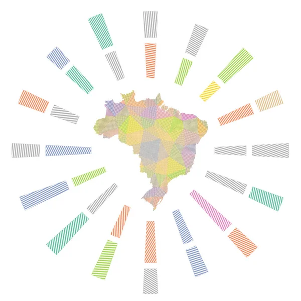 Brazil sunburst Alacsony poli csíkos sugarak és az ország térképe Félelmetes vektor illusztráció — Stock Vector
