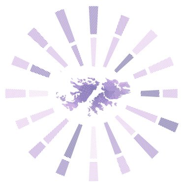 Falklands güneş patlaması Düşük polimerli ışınlar ve ülkenin haritası Modern vektör illüstrasyonu