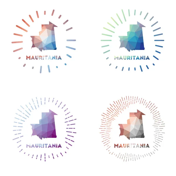 모리 타니아 (Mauritania) 낮은 질량의 일광 폭발 (low poly sunburst set Logo of country in geometric polygallen style Vector illustration) — 스톡 벡터