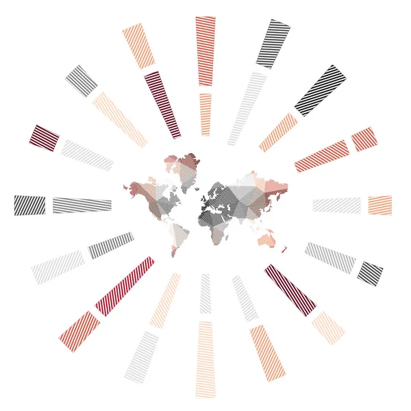 Світовий сонячний спалах Низькі полі смугасті промені та карта світу Артистичні Векторні ілюстрації — стоковий вектор