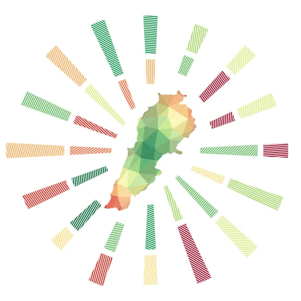 Libanon sunburst Nízké poly pruhované paprsky a mapa země Úžasné vektorové ilustrace — Stockový vektor