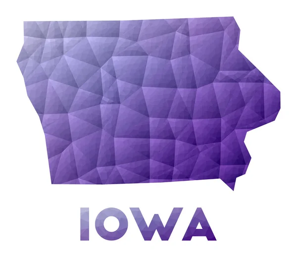 Mappa dell'Iowa Basso poli illustrazione dello stato degli Stati Uniti Disegno geometrico viola Vettore poligonale — Vettoriale Stock