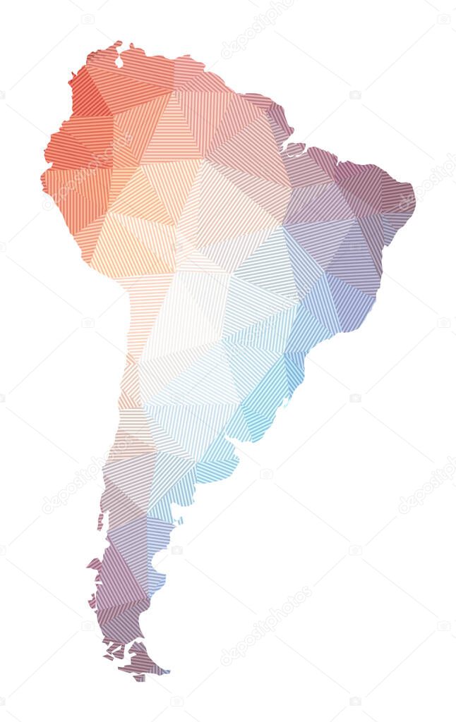 Map of South America Low poly illustration of the continent Geometric design with stripes