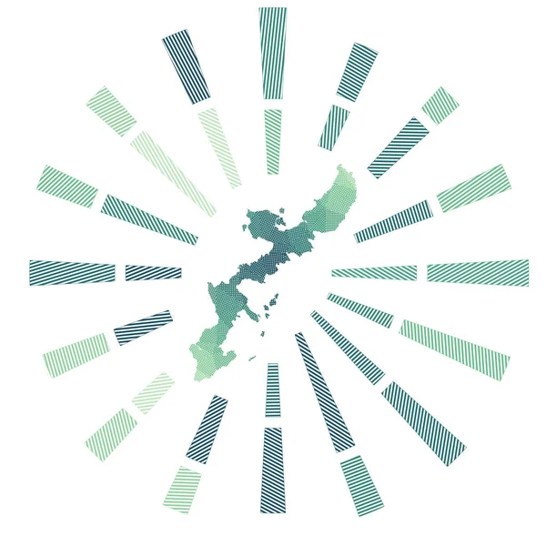 Okinawa Island sunburst Rayos de rayas polivinosas bajas y mapa de la isla Ilustración vectorial artística — Vector de stock
