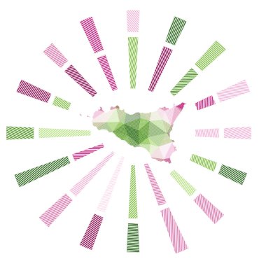 Sicilya güneş patlaması düşük polimerli ışınlar ve adanın haritası.