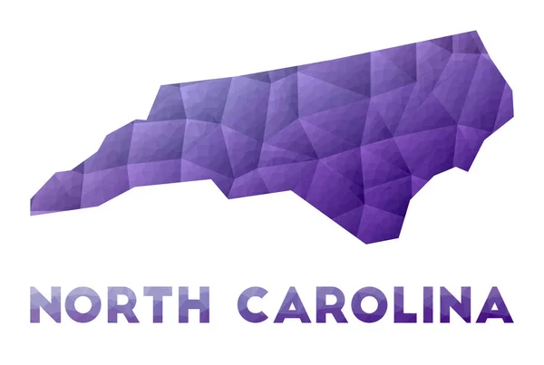 Mappa della Carolina del Nord Basso poli illustrazione dello stato americano Disegno geometrico viola Poligonale — Vettoriale Stock