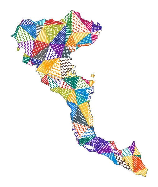 Korfu Gyerek stílusú térképe Kézzel rajzolt sokszögek alakja Korfu Vektor illusztráció — Stock Vector