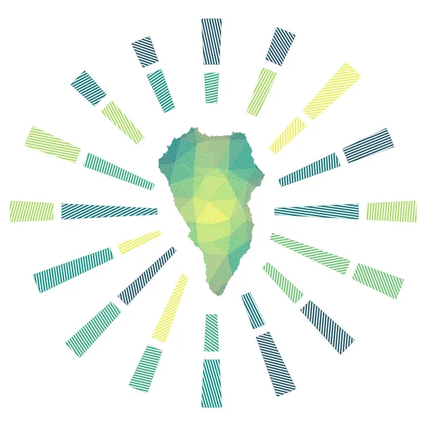 La Palma sunburst Low poly striped rays and map of the island Powerful vector illustration — Stock Vector