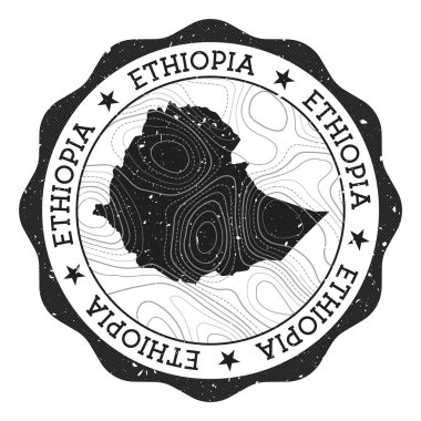 Etiyopya açık hava damgası. Üzerinde ülke haritası ve topografik izolinler olan yuvarlak etiket.