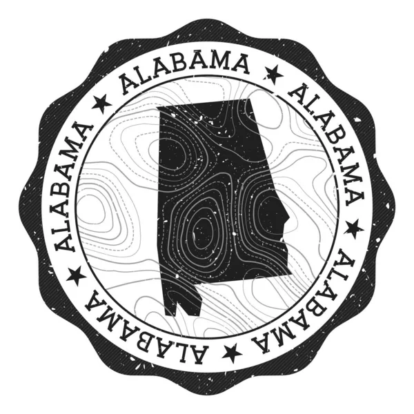 Alabama outdoor stempel Ronde sticker met kaart van ons staat met topografische isolines Vector — Stockvector