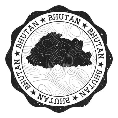 Bhutan açık hava damgası ülke haritalı yuvarlak çıkartma topografik izolinler vektör