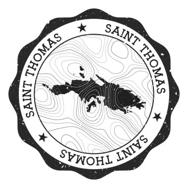 Saint Thomas açık hava damgası. Üzerinde ada haritası ve topografik izolin taşıyıcısı olan yuvarlak etiket.