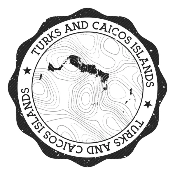 Открытая марка Теркса и Кайкоса Круглая наклейка с картой острова с топографическими изолинами — стоковый вектор
