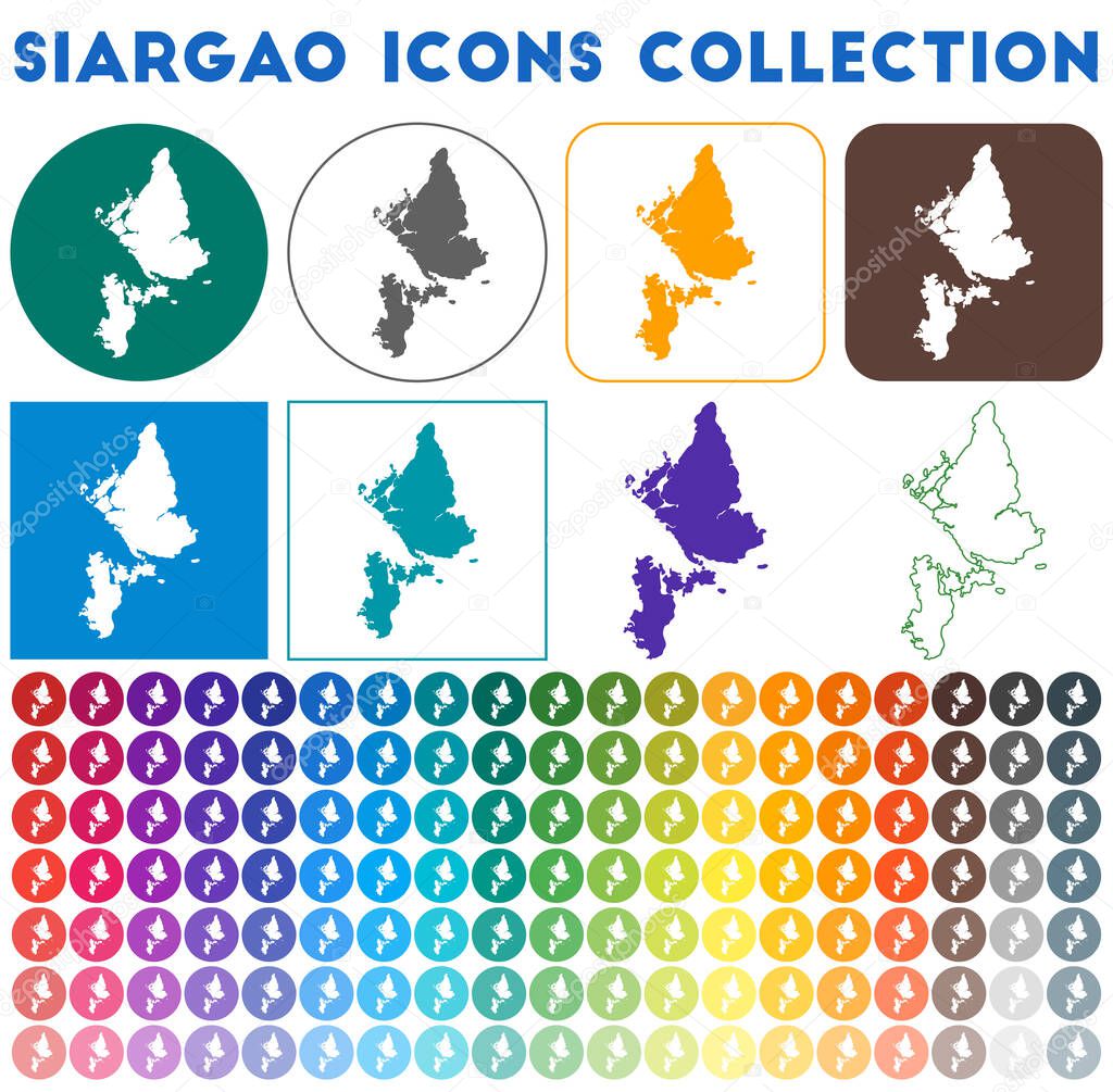 Siargao icons collection Bright colourful trendy map icons Modern Siargao badge with island map