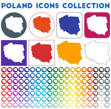 Polonya 'nın parlak renkli harita koleksiyonu, ülke haritalı Modern Polonya rozetini simgeliyor