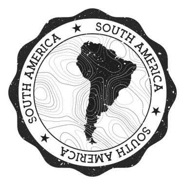 Güney Amerika açık hava damgalı yuvarlak çıkartma ile topografik izolinler vektörü ile kıta haritası