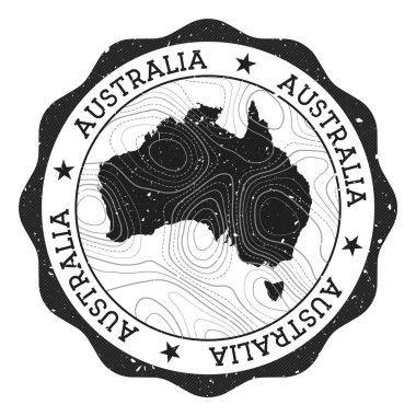 Avustralya açık hava damgalı yuvarlak çıkartma ülke haritası ile topografik izoline sahip vektör