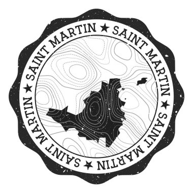 Saint Martin açık hava damgası. Üzerinde ada haritası ve topografik izolin taşıyıcısı olan yuvarlak etiket.