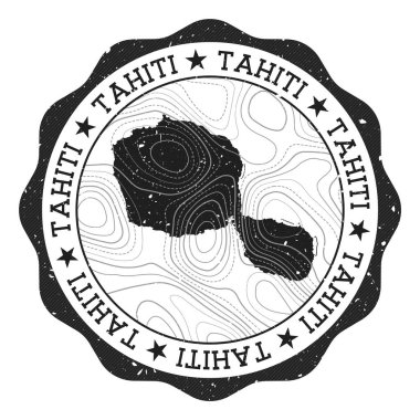 Tahiti açık hava damgası. Üzerinde ada haritası ve topografik izolin taşıyıcısı olan yuvarlak etiket.