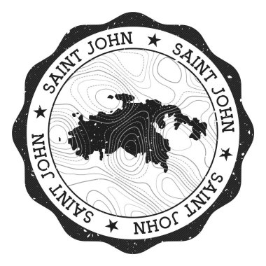 Saint John açık hava damgası. Üzerinde ada haritası ve topografik izolin taşıyıcısı olan yuvarlak etiket.