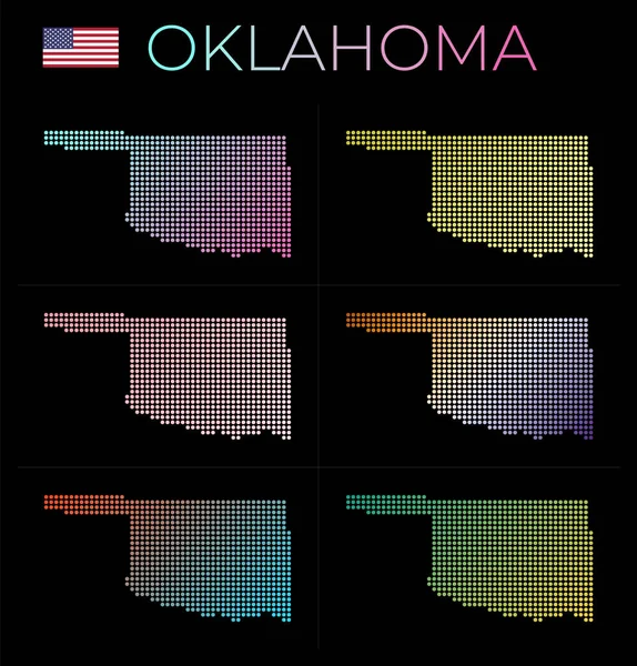 Oklahoma tečkovaná mapa set Mapa Oklahomy v tečkovaném stylu Okraje státu USA plné — Stockový vektor
