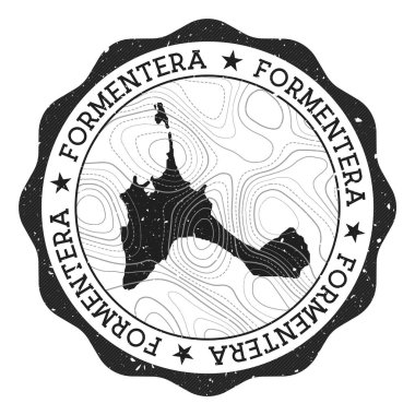 Formentera açık hava damgası. Üzerinde ada haritası ve topografik izolin taşıyıcısı olan yuvarlak etiket.