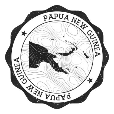 Papua Yeni Gine açık hava damgası. Üzerinde ülke haritası ve topografik izolin taşıyıcısı olan yuvarlak çıkartma.