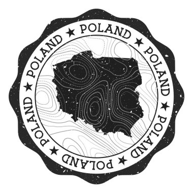 Polonya 'nın açık hava damgası üzerinde ülke haritası ve topografik izolin taşıyıcısı olan yuvarlak damga etiketi