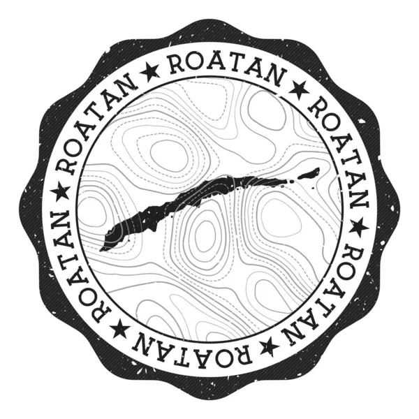 Roatan açık hava damgası. Üzerinde ada haritası ve topografik izolin vektörü olan yuvarlak etiket.