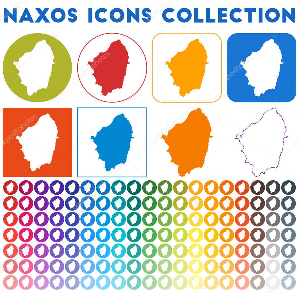 Naxos icons collection Bright colourful trendy map icons Modern Naxos badge with island map