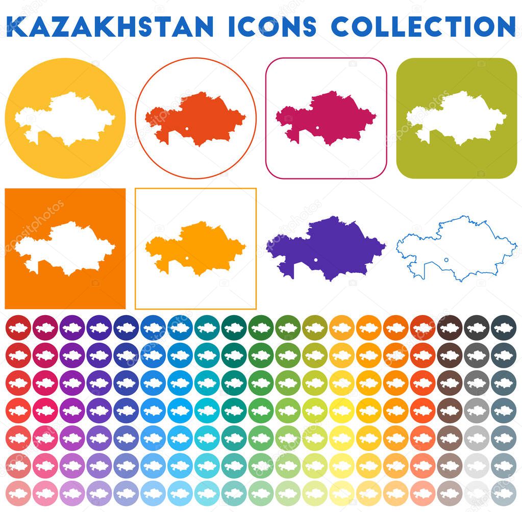 Kazakhstan icons collection Bright colourful trendy map icons Modern Kazakhstan badge with country