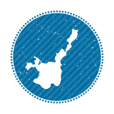 Ishigaki çizgili geçmişe yolculuk etiketi. Üzerinde ada vektör illüstrasyonunun haritası var.