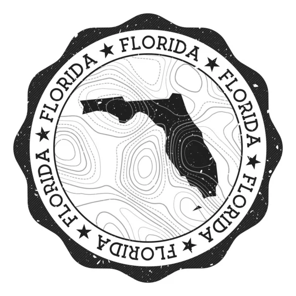Etiqueta engomada redonda del sello al aire libre de la Florida con el mapa de nosotros estado con las isolinas topográficas Vector — Vector de stock