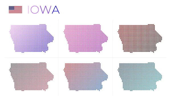 Iowa dotted map set Mappa dell'Iowa in stile punteggiato Confini dello stato degli Stati Uniti pieni di bellezze — Vettoriale Stock