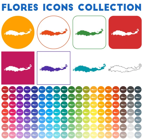 Flores colección de iconos Iconos de mapa de moda de colores brillantes Insignia de Flores moderna con mapa de la isla — Vector de stock