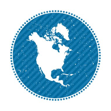 Kuzey Amerika çizgili retro seyahat etiketi. Üzerinde kıta vektör illüstrasyonu haritası olan rozet.