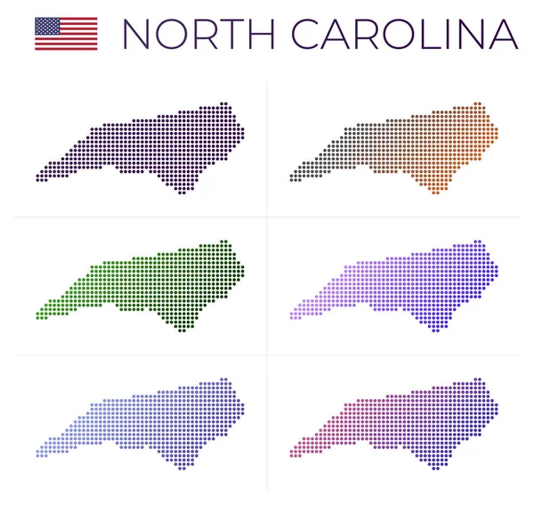 Carolina del Norte mapa punteado conjunto Mapa de Carolina del Norte en estilo punteado Borders of the us state filled — Vector de stock