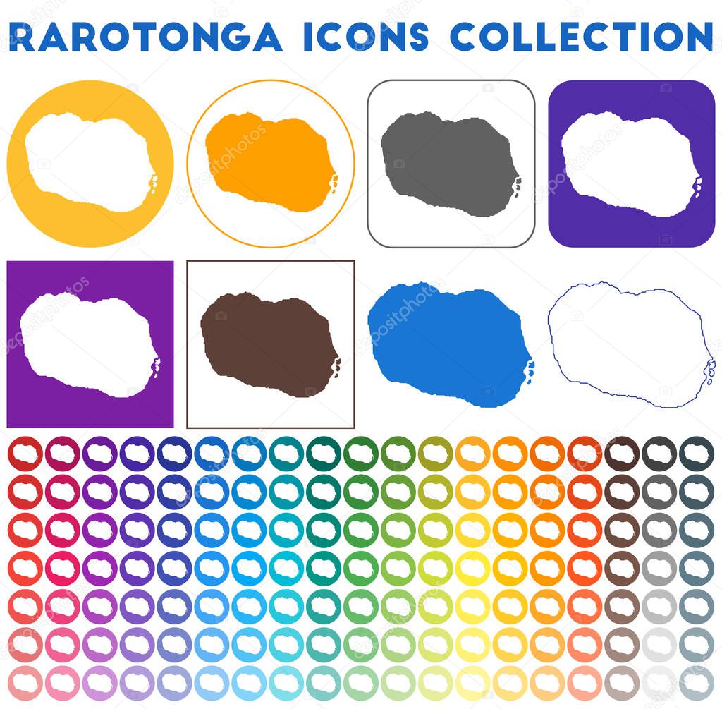 Rarotonga icons collection Bright colourful trendy map icons Modern Rarotonga badge with island