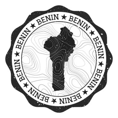 Benin dış damga yuvarlak çıkartması ülke haritası ile topografik izoline sahip vektör