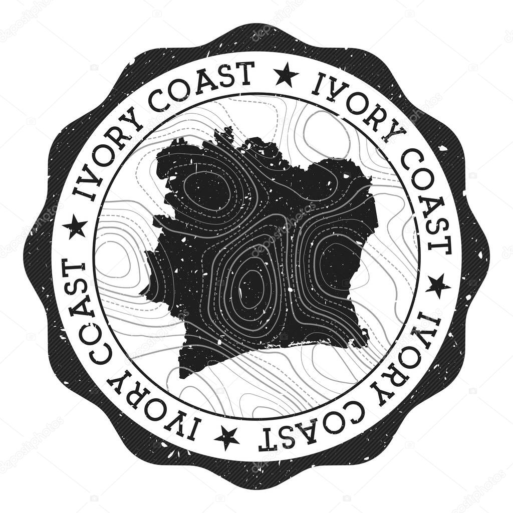 Ivory Coast outdoor stamp Round sticker with map of country with topographic isolines Vector