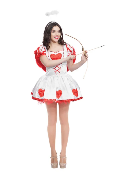 Attractive woman cupid with bow and arrow ready to find love — Stock Photo, Image