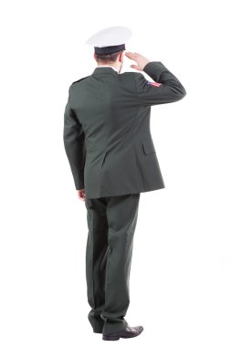 US military general wearing  white cap. Salutation from the back