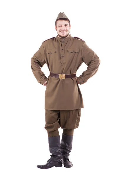 Jovem ator vestido com uniformes militares. Soldado russo nos tempos da Segunda Guerra Mundial. Conceito URSS — Fotografia de Stock