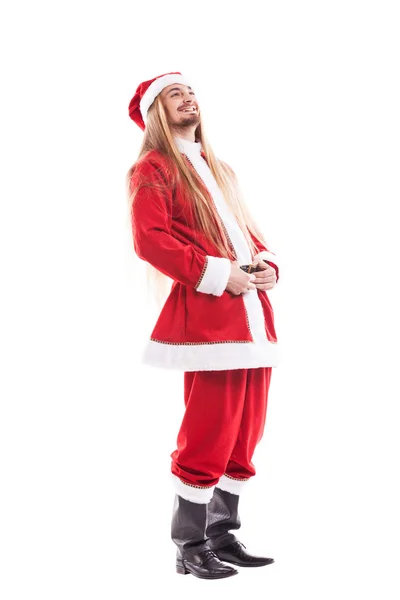 Babbo Natale positivo ridente con i capelli lunghi isolati su uno sfondo bianco — Foto Stock