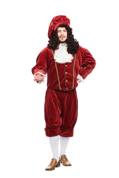 Portret człowieka średniowiecza w czerwony kostium na białym tle — Zdjęcie stockowe