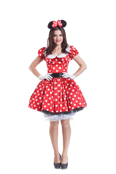 Beautiful girl happy smiling in the retro style costume of a mouse isolated on white — Stock Photo, Image